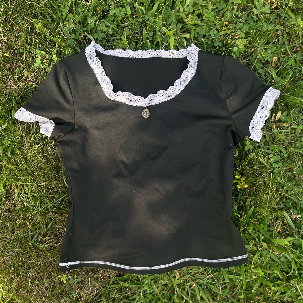 Black Top with Light Blue Lace Trim